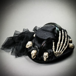 Halloween Skeleton Hand Skull Top Hat with Rose - Black